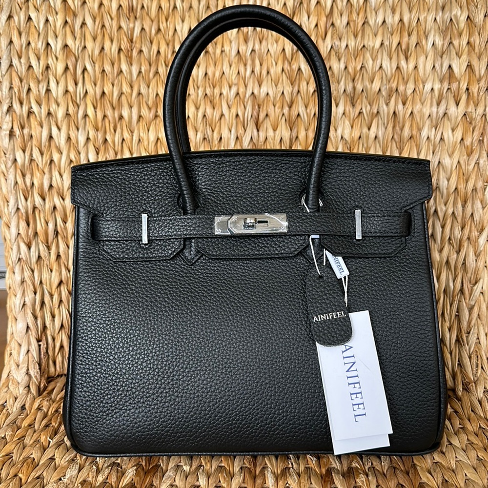 New Ainifeel Black Pebbled Leather Handbag